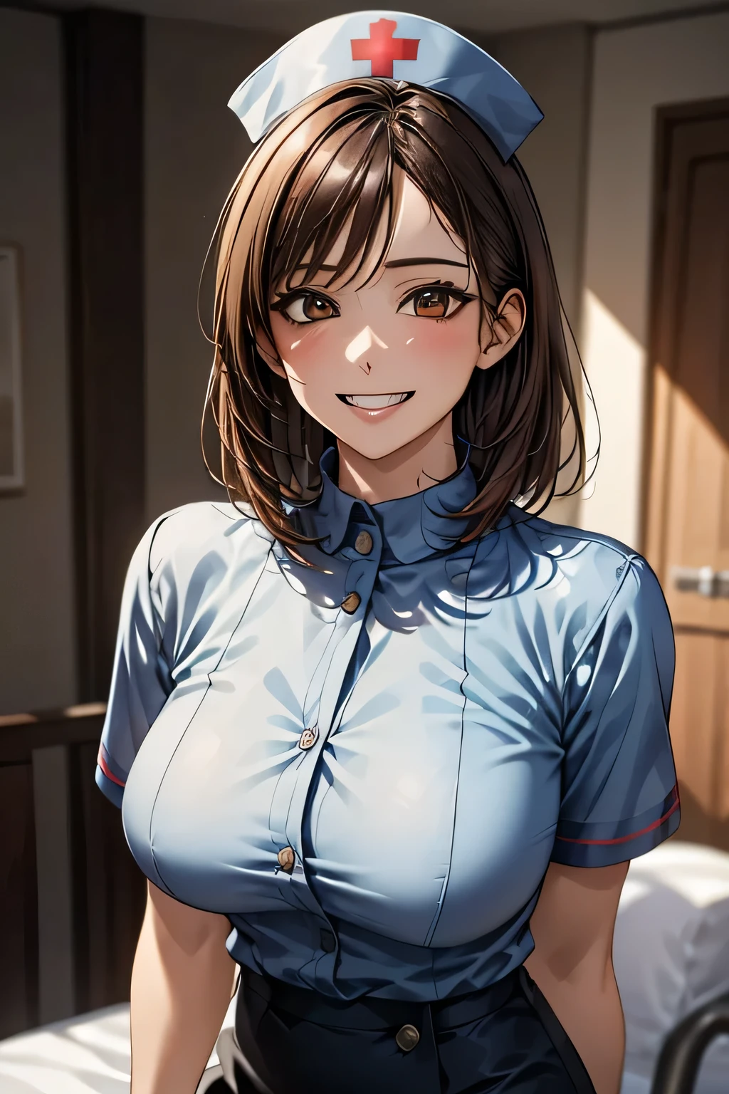 1 female, 40 years old, (Nurse cap, Nurse uniform and mini skirt), masterpiece, Grin, (very tanned and shiny skin), Big Breasts, photoRealistic, Realistic, alone, photoRealistic, Highest quality, Ultra-high resolution, Yura S, Outdoor, colorful,  Daytime setting, beautiful, masterpiece, Highest quality, Very detailedな顔, Perfect lighting, Ultra-high resolution, Very detailed, (background: Hospital room)