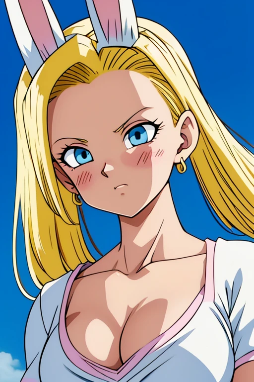chest, Shortcuts, blue eyes, blonde, Bunny ears, Highest quality, blush, 大きなchest, , Anime Style, Android 18,大きなchest, Heavy breathing, Look closer, Twin tails, Accurate, High resolution, Attention to detail, Frowning, Tsundere, Earrings,whole body,Thighs