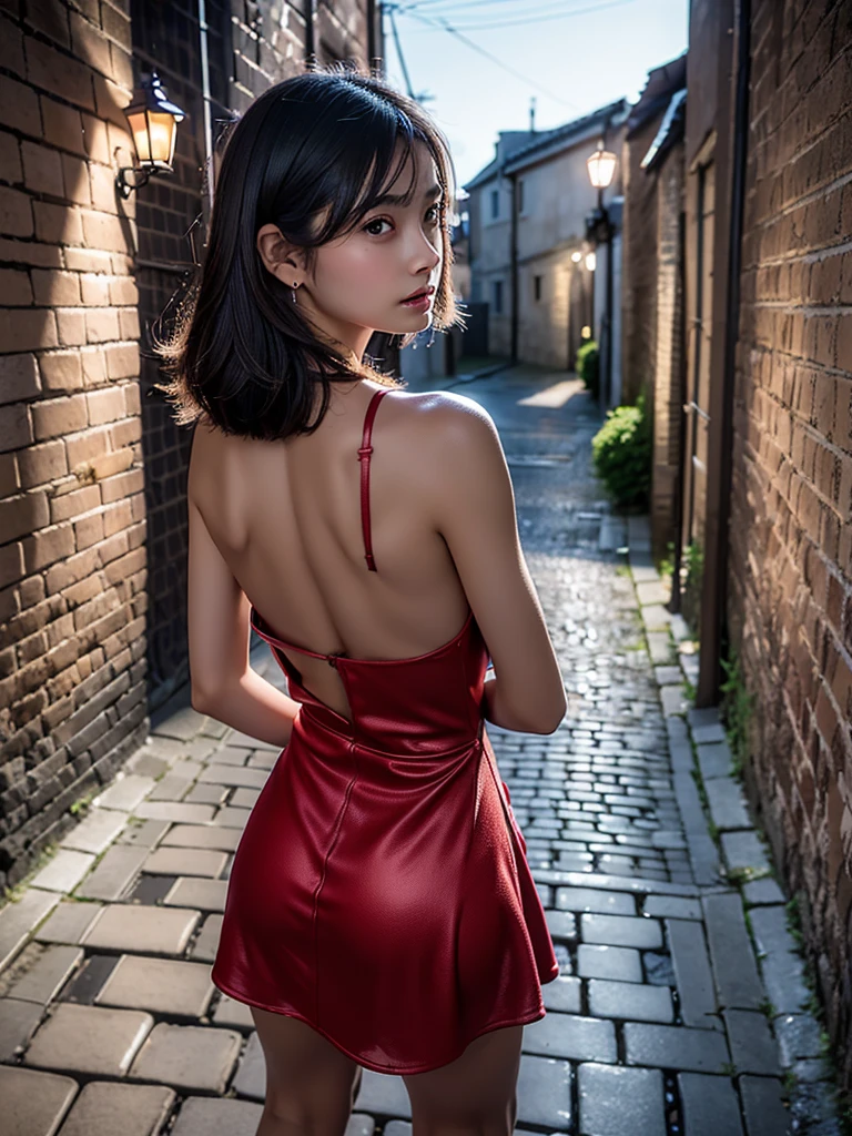 (((masterpiece:1.4, Highest quality:1.4, 8k,))), Ultra-high resolution, Physically Based Rendering, Portraiture, Super beautiful sexy woman, 24-years-old, Large eyes with great detail, Thin eyebrows, Eye highlights,((( half-up dark brown hair))), Highly detailed face and skin texture, Sharp focus, Clear focus:1.2, Slender beauty:1.4, ((Small breasts:1.5)), Slim Abs, Oval Face, Lip gloss, Distinctive facial features, , Are standing, A tight red glitter dress, Too much exposed skin、Lift the dress up yourself, Exposing shoulders, No shoulder strap, Sleeveless, No arm covers, ((Cobblestone road in a back alley at night:1.4)), Dim Street Lights,
