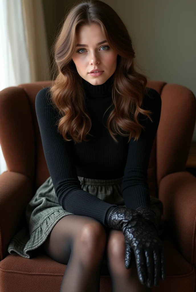 brown hair、low twin drills、cute face、 she wears a turtleneck and a skirt.、black pantyhose、sitting on a chair、crossed legs、Wearing black lace gloves、wearing  boots、adult german woman、full body portrait、indoor.、