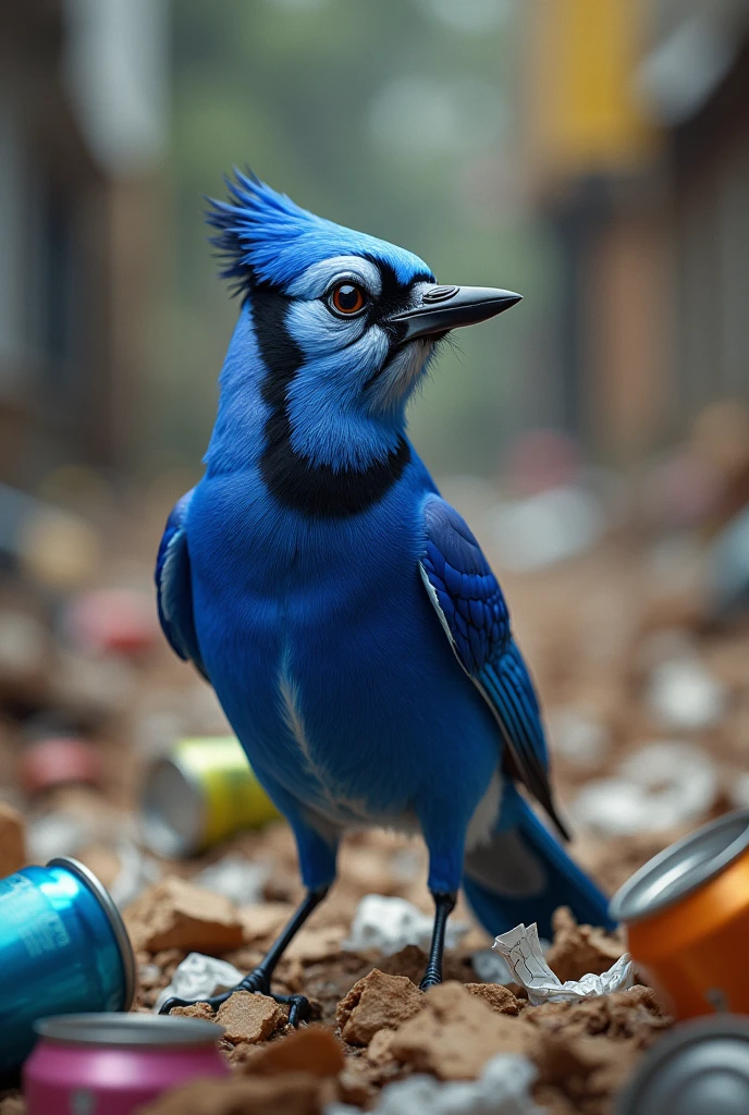 Blue jay surrounded by trash at ITESO 