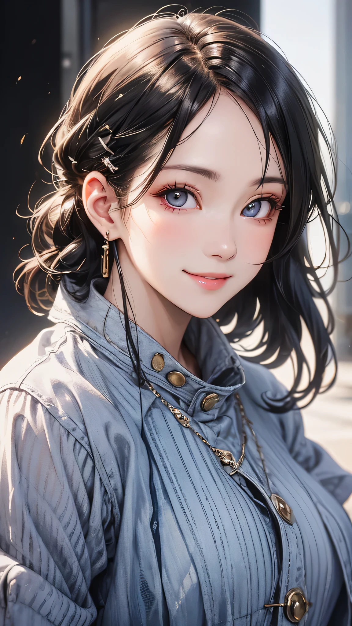 photograph, Highest quality, Urban woman , photo of beautiful , casual, smile, View your viewers, Perfect Face, Perfect Eyes, Sharp focus, Complex, Attention to detail, dramatic, Realistic,