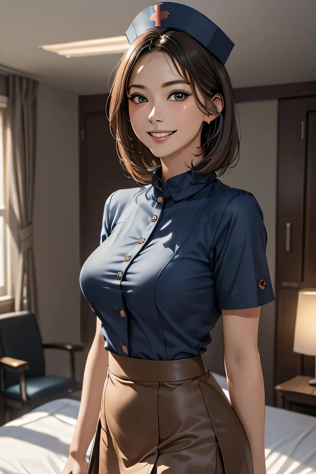 1 female, 40 years old, (Nurse cap, Nurse uniform and mini skirt), masterpiece, Grin, (very tanned and shiny skin), Big Breasts, photoRealistic, Realistic, alone, photoRealistic, Highest quality, Ultra-high resolution, Yura S, Outdoor, colorful,  Daytime setting, beautiful, masterpiece, Highest quality, Very detailedな顔, Perfect lighting, Ultra-high resolution, Very detailed, (background: Hospital room)