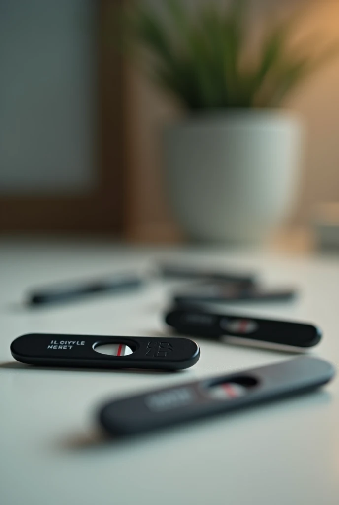 A funny blurred background with miniature negative pregnancy tests in black