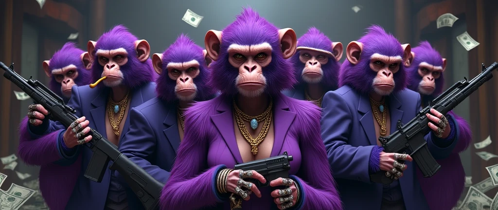 Gang of purple monkeys with a female monkey in the middle and a monkey in the middle, With giant and high-caliber weapons, with gangster SUIT with chains, tattooed, with huge diamond and gold rings, smoking with a pipe, the bottom full of dollars