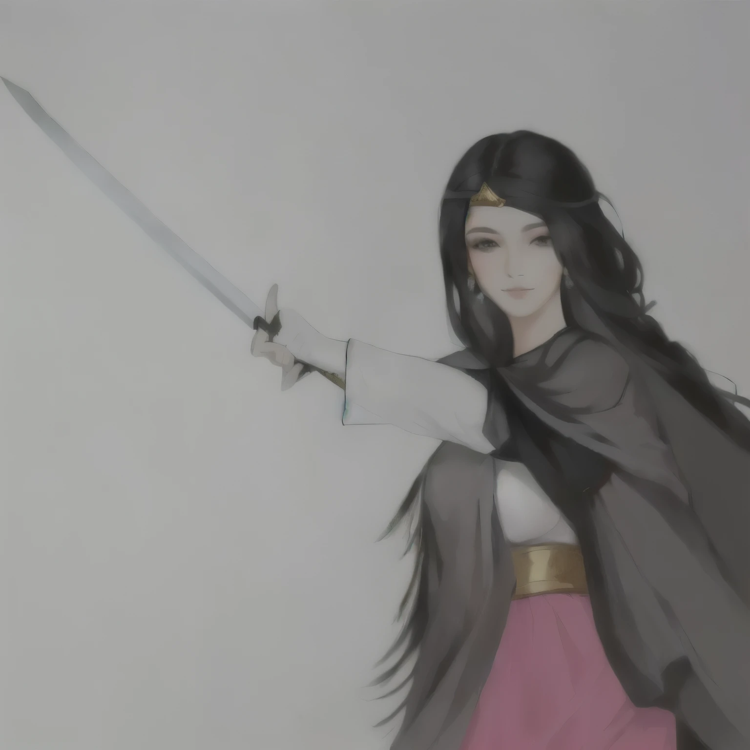 drawing of a woman holding an epée in her hand, she is holding an epée, holding an epée on her shoulder, long sword in hand, ela está holding an epée katana, practicing your sword staces, while holding an epée, holding an epée, wielding a sword, holds a sword, holding an epée de duas mãos, holding a longsword, art admirer