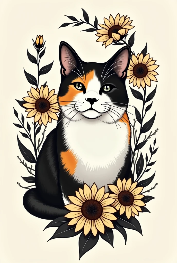 Calico cat tattoo design, with only the black nose sunflowers and tree leaves in the background