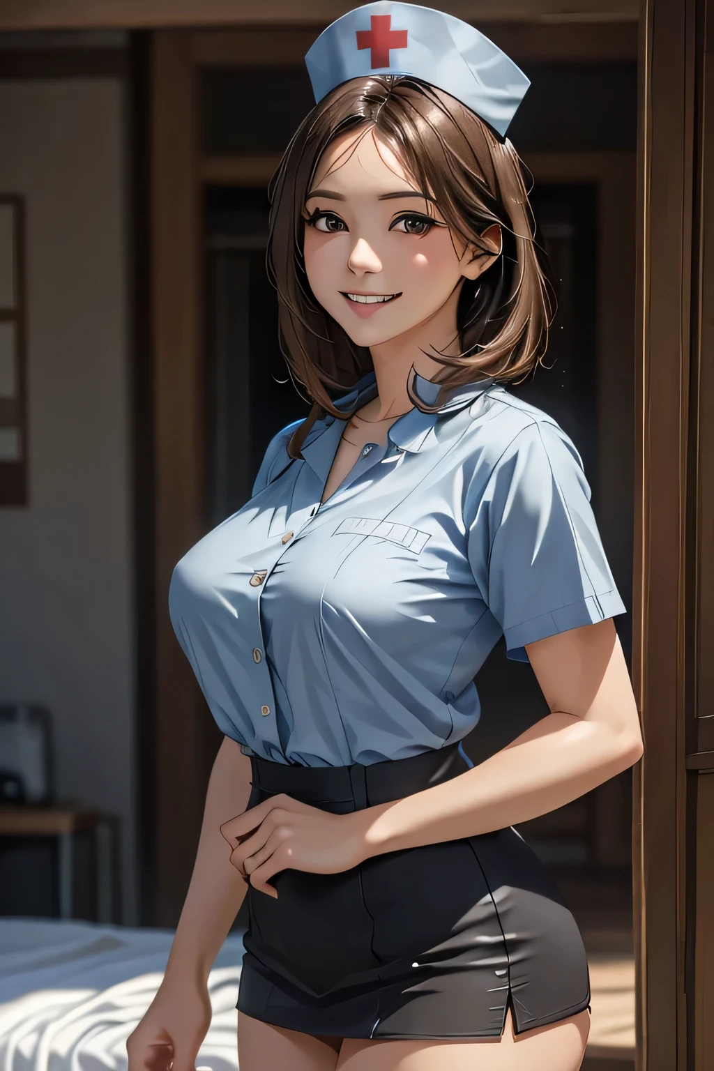 1 female, 40 years old, (Nurse cap, Nurse uniform and mini skirt), masterpiece, Grin, (very tanned and shiny skin), Big Breasts, photoRealistic, Realistic, alone, photoRealistic, Highest quality, Ultra-high resolution, Yura S, Outdoor, colorful,  Daytime setting, beautiful, masterpiece, Highest quality, Very detailedな顔, Perfect lighting, Ultra-high resolution, Very detailed, (background: Hospital room)