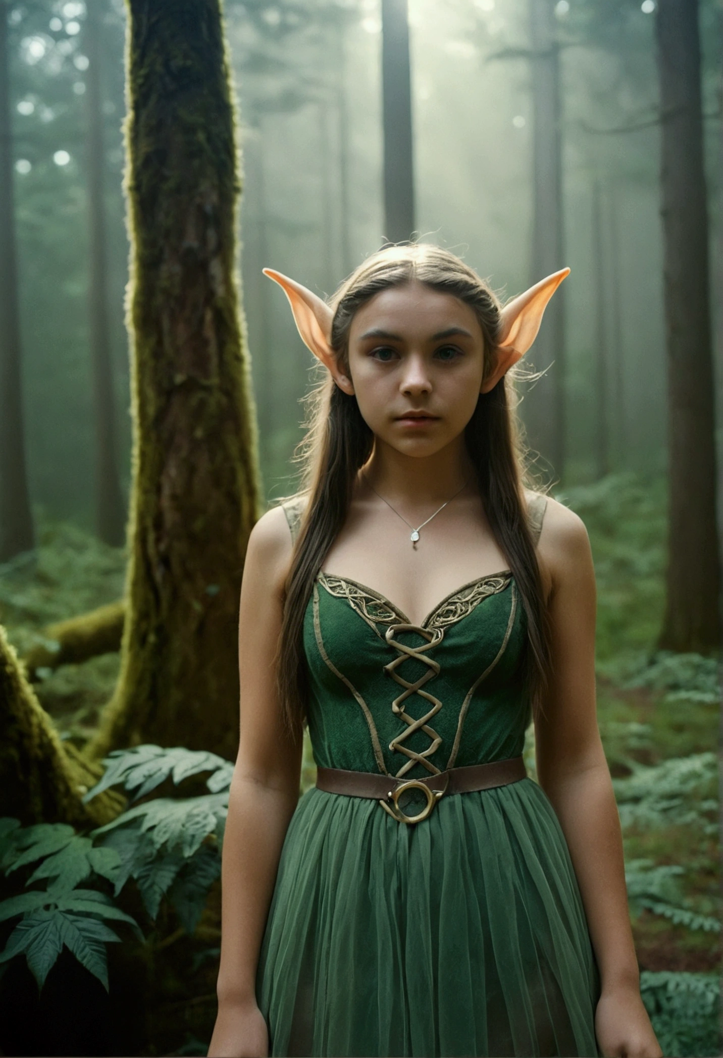 analog film photo, photo of a young elven girl, 18 years old, elf ears, amber eyes, dark brown hair, long messy waves, sun-tanned complexion, olive skintone, Amazonian stature, voluptuous hourglass figure, busty bosom, narrow waist, full hips, big plump buttocks, wearing elven lingerie, resembles Mackenzie Foy, strolling through a fantasy landscape, RAW Photograph, dslr, soft lighting, high quality, film grain, Fujifilm XT3, detailed skin with visible pores, insane details, masterpiece, 8k, 35mm photograph, dslr, kodachrome, faded film, desaturated, grainy, vintage, Lomography, stained, highly detailed, found footage, close-up shot, elven ears
