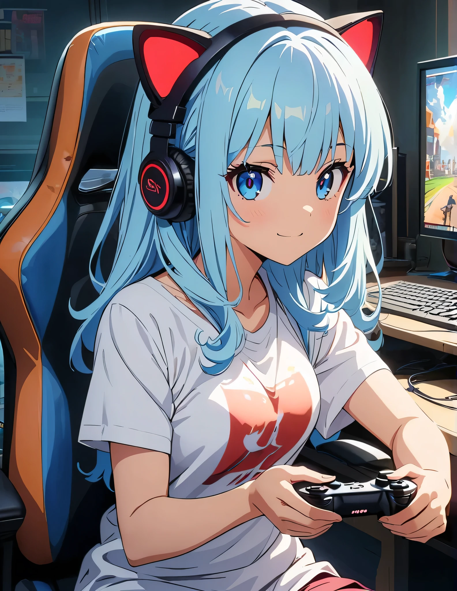 (anime artwork, anime style, studio anime, very detailed, up to date, vibrant, Anime Coloring, high contrast, masterpiece:1.2, best quality, best aesthetics),1 girl,light Blue hair,Mullet hairstyle,Best quality,light smile,{{gaming pc}}, {{gaming chair}}, holding_controller, foreshortening,{{cat ear}},ear phone, perfect anatomy,blue eyes,