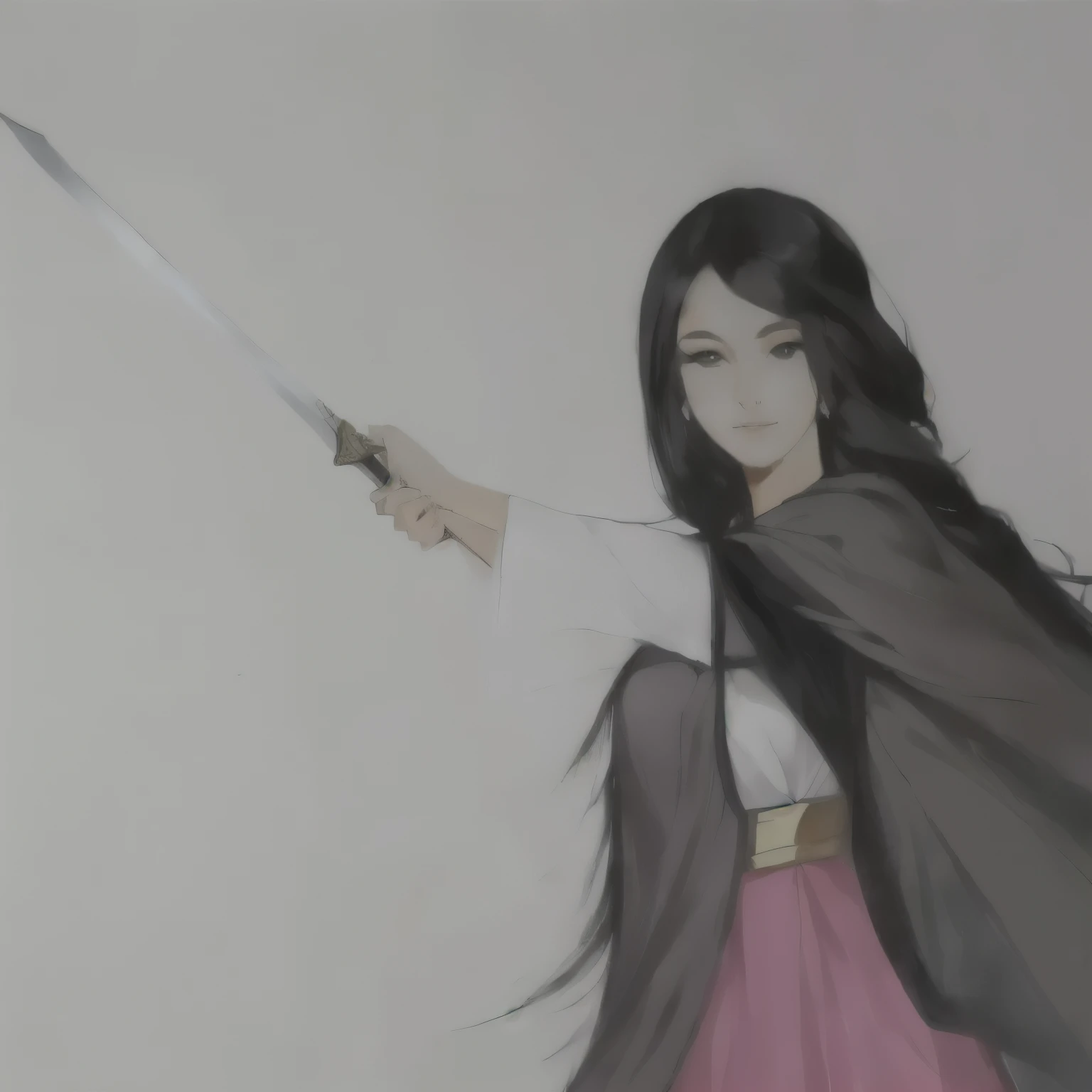 drawing of a woman holding an epée in her hand, she is holding an epée, holding an epée on her shoulder, long sword in hand, ela está holding an epée katana, practicing your sword staces, while holding an epée, holding an epée, wielding a sword, holds a sword, holding an epée de duas mãos, holding a longsword, art admirer