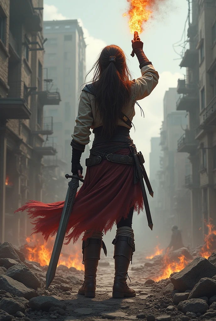 a one woman, black skin color,Brunetette, Sarada, russet hair, adventurer clothes, burning sword, debris, She has her back, destroyed city, post apocalyptic