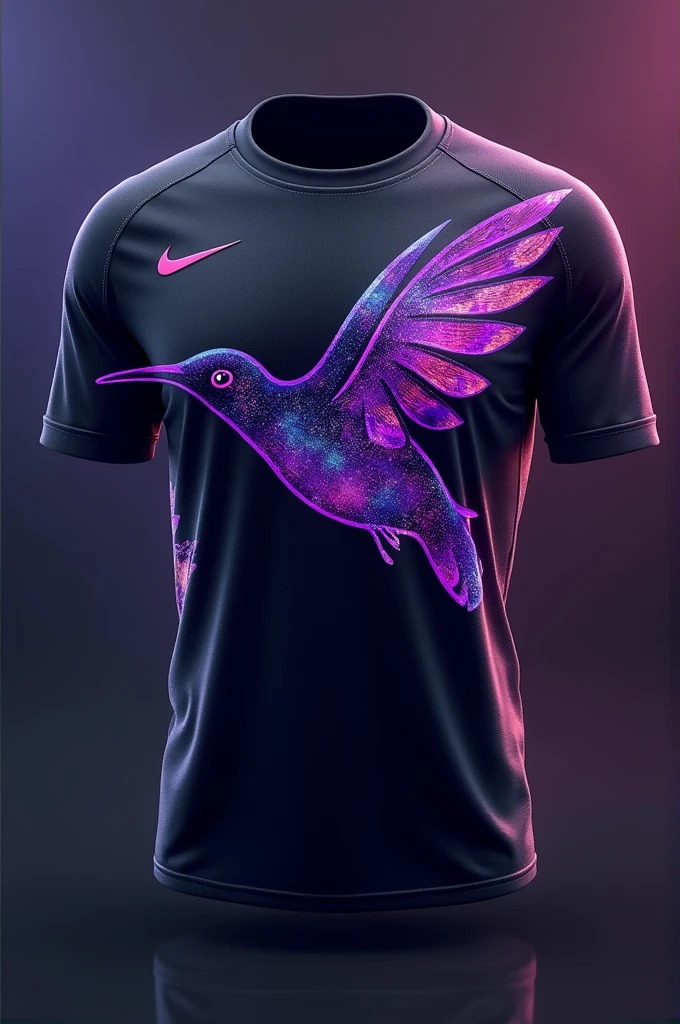 Black soccer jersey with purple details featuring a hummingbird