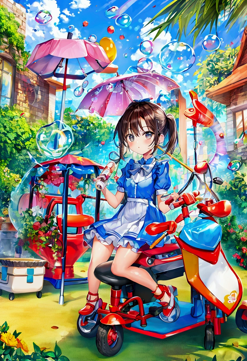 Backyard with a small tricycle, swings and a big bubble machine