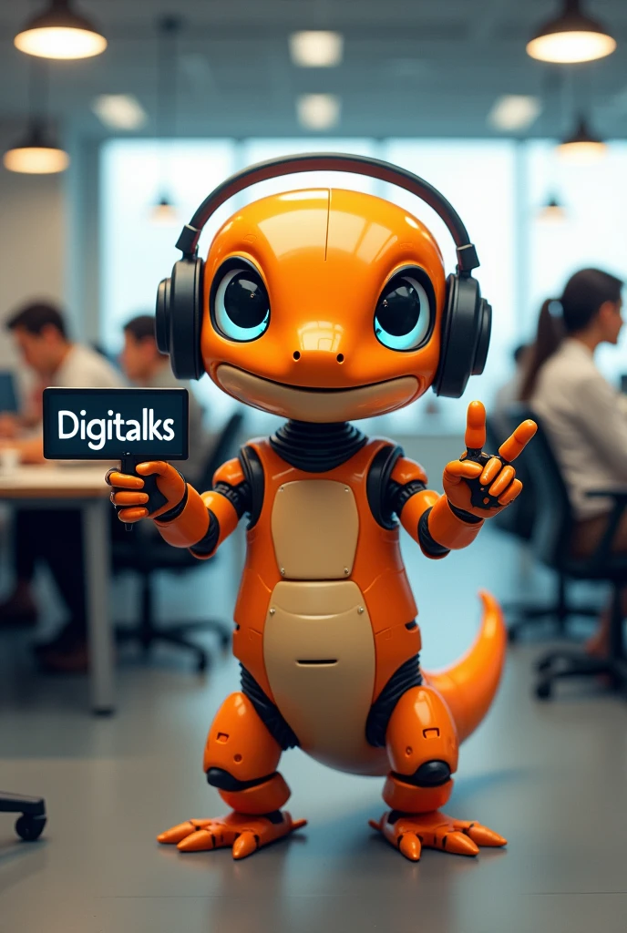 A robot salamander. Predominant Colors, orange, gris, black andwhite. Body color, orange. head, arms and legs, Use neutral colors, gris, black andwhite. She is holding a digital sign that says "Digitalks" com uma mão e com a outra está fazendo o Sign of vitória (Sign of "in"), with an electronic font, Robotic style.  She wears black headphones. The background is an office room, with tables and chairs where people are sitting working (white and black people). Your big eyes, black and white. He has a friendly look, happy and a smile.