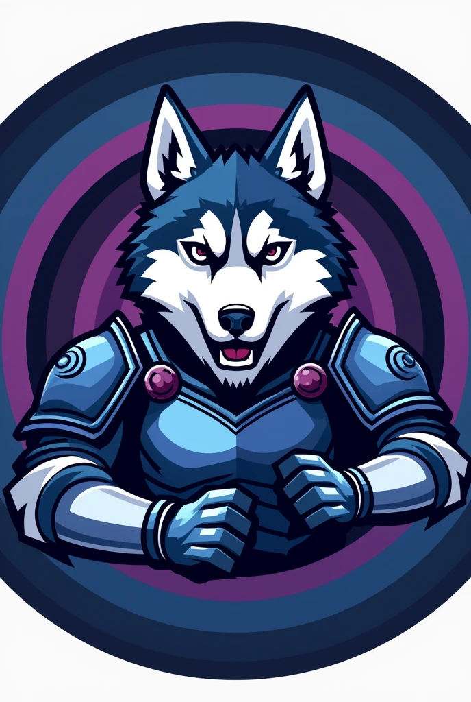 Give me a circular logo of a Siberian husky for a soccer team with base colors blue, dark blue and purple. However, the husky must be in blue and purple armor.