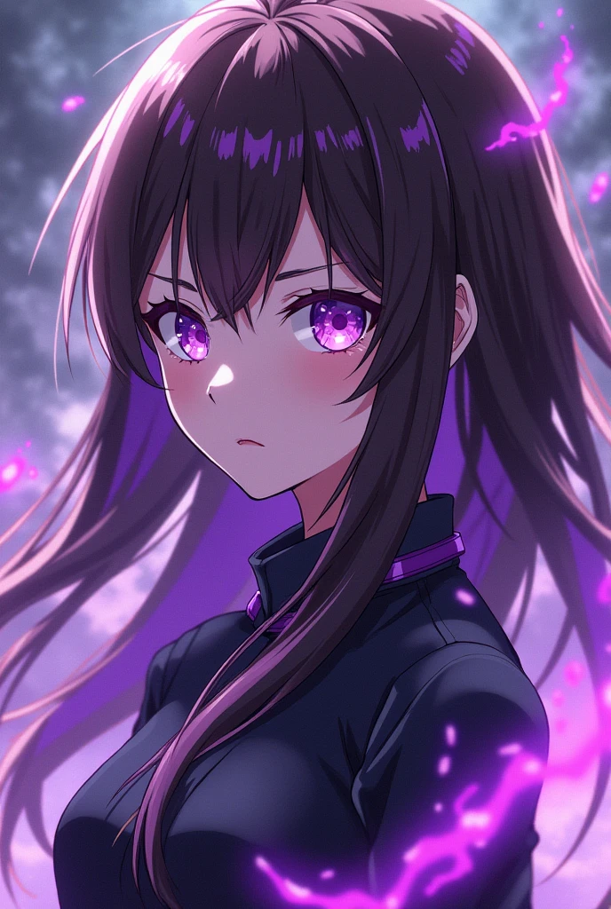 Jujutsu Kaisen anime girl, straight brown hair with a lilac streak, Lilac Eyes