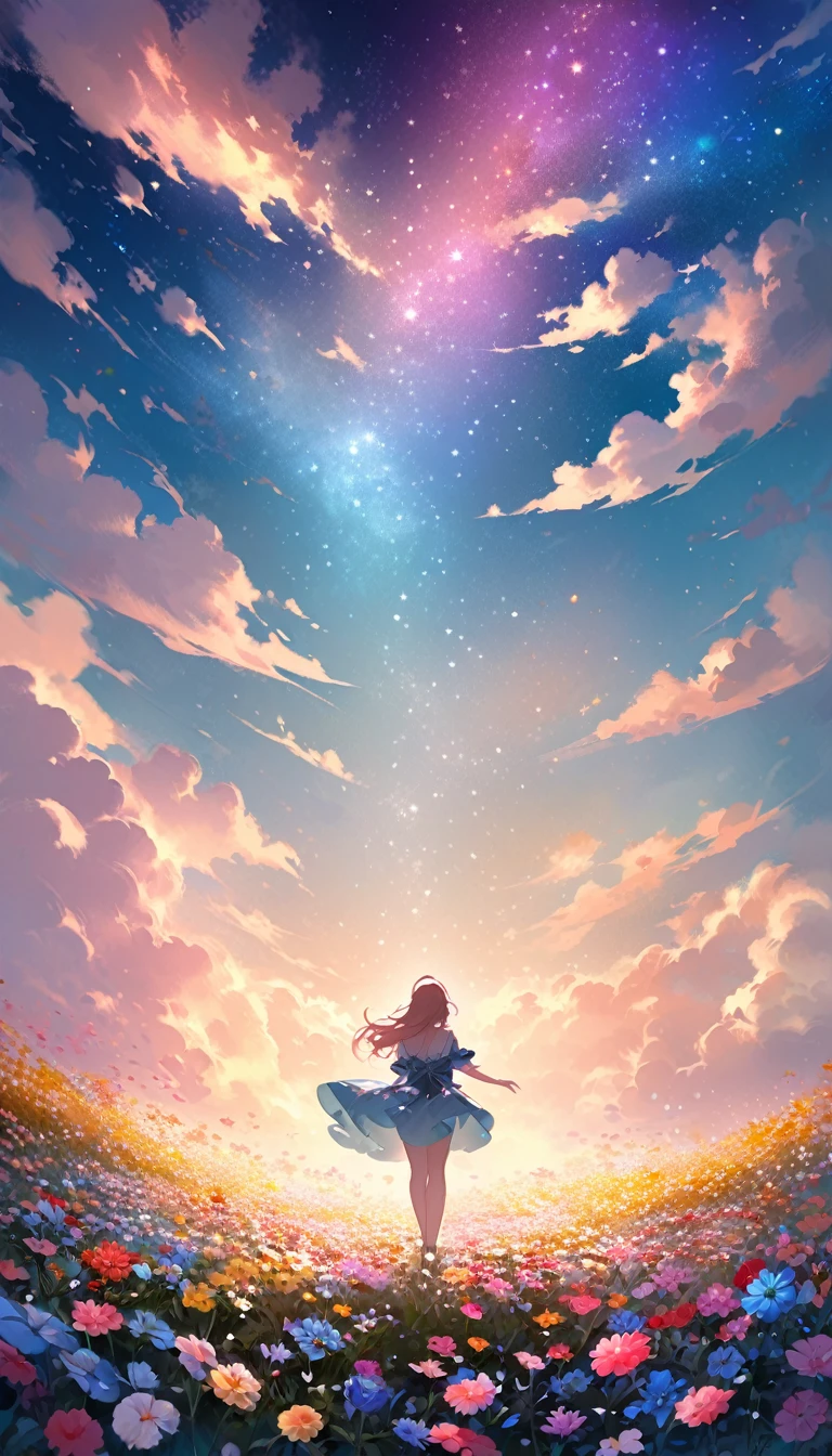 There is a girl standing in a flower field looking up at the sky, a girl standing in a flower field, a girl walking in a flower field, lost in a dreamy wonderland, standing in a flower field, fantastic digital painting, the sky gradually clears, the starry sky gradually recedes, large breast