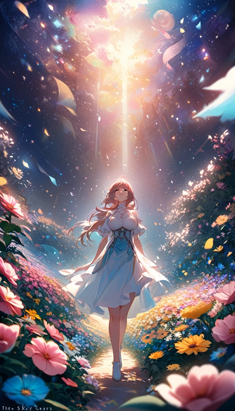 There is a girl standing in a flower field looking up at the sky, a girl standing in a flower field, a girl walking in a flower field, lost in a dreamy wonderland, standing in a flower field, fantastic digital painting, the sky gradually clears, the starry sky gradually recedes, large breast