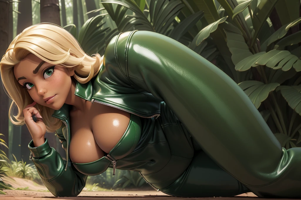 obra prima, melhor qualidade, ((only one woman,)) ((elizabeth pipko, dark tan skin, full face and dimple cheeks,)) looking over shoulder at me, big erect cone tits, ((wearing metallic green leather biker moto jacket,)) ((jacket has padded shoulders, jacket has stiff high collar,)) (((wearing shiny forest green leather pants,))) body is very skinny, arched back, (((hands inside pants, fondling, rubbing,))) (((laying on ground, closeup view, side front view,))) shallow depth of field, highres, HD, 8k, anatomically correct
