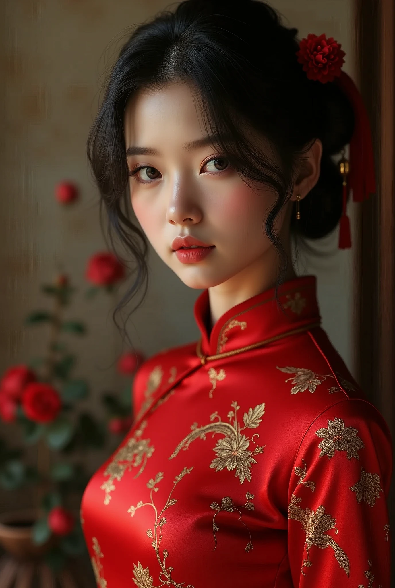 Sexy Asian girl, pale skin, dark eyes, red cheongsam