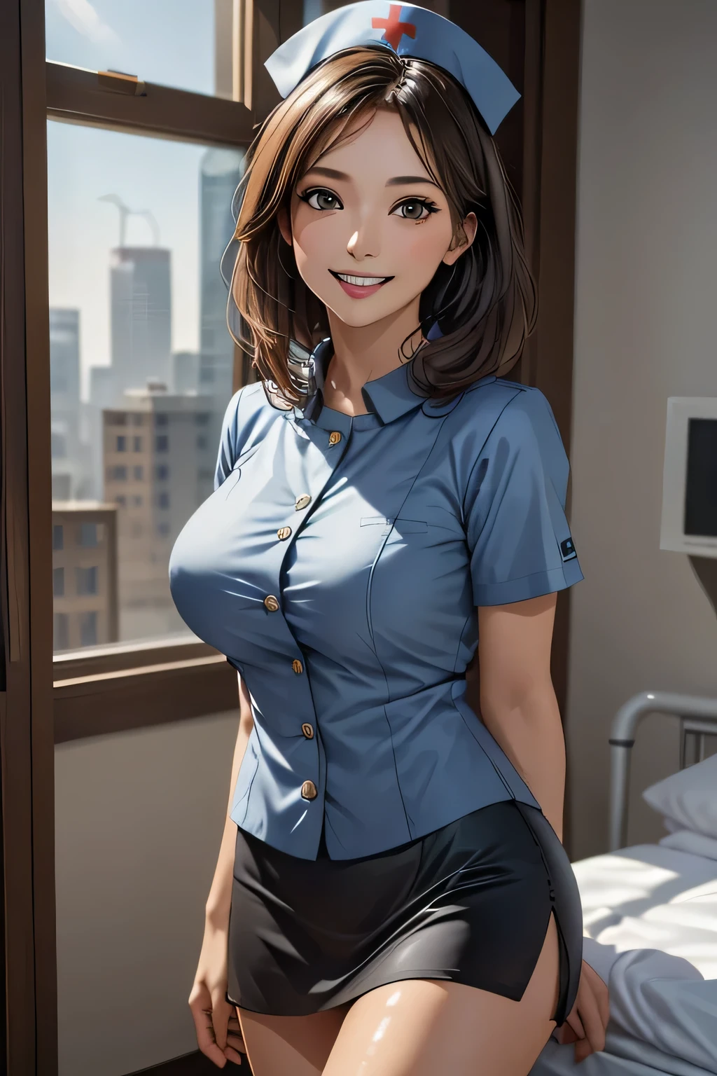 1 female, 40 years old, (Nurse cap, Nurse uniform and mini skirt), masterpiece, Grin, (very tanned and shiny skin), Big Breasts, photoRealistic, Realistic, alone, photoRealistic, Highest quality, Ultra-high resolution, Yura S, Outdoor, colorful,  Daytime setting, beautiful, masterpiece, Highest quality, Very detailedな顔, Perfect lighting, Ultra-high resolution, Very detailed, (background: Hospital room)