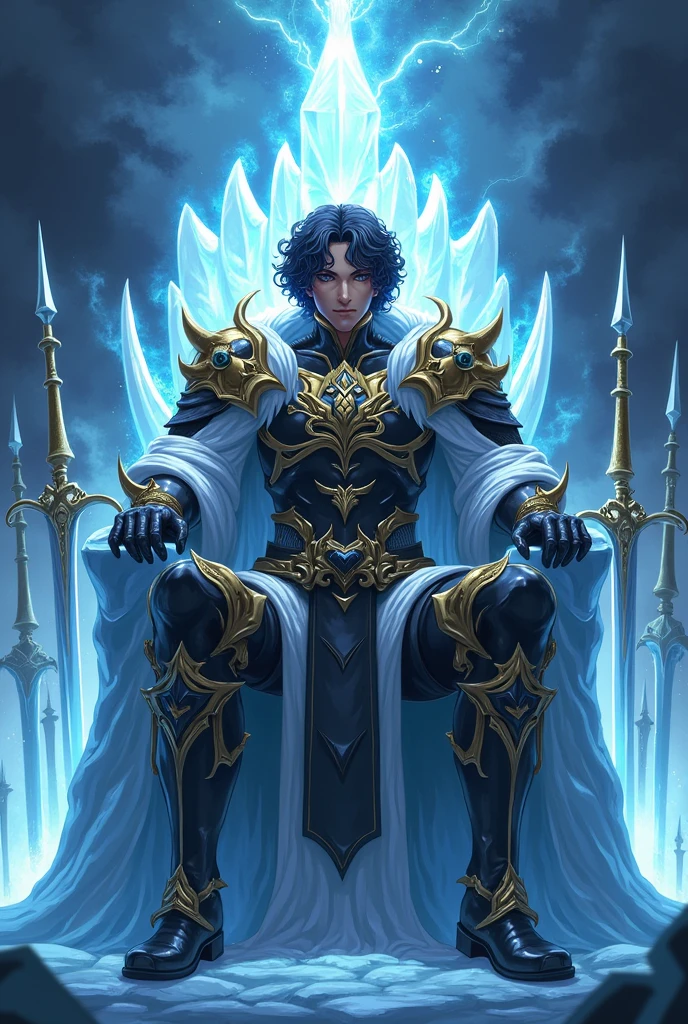 realistic Anime Guy Wearing a crown Ice demon King sitting on a Ice throne Holding Excalibur glowing in lightning and fire, curly black hair, light brown skin, with dark brown eyes. Ice Gold armor with black and Gold details. Royal aura with ice swords and spears around. Bad boy face Powerful aura Blue fire