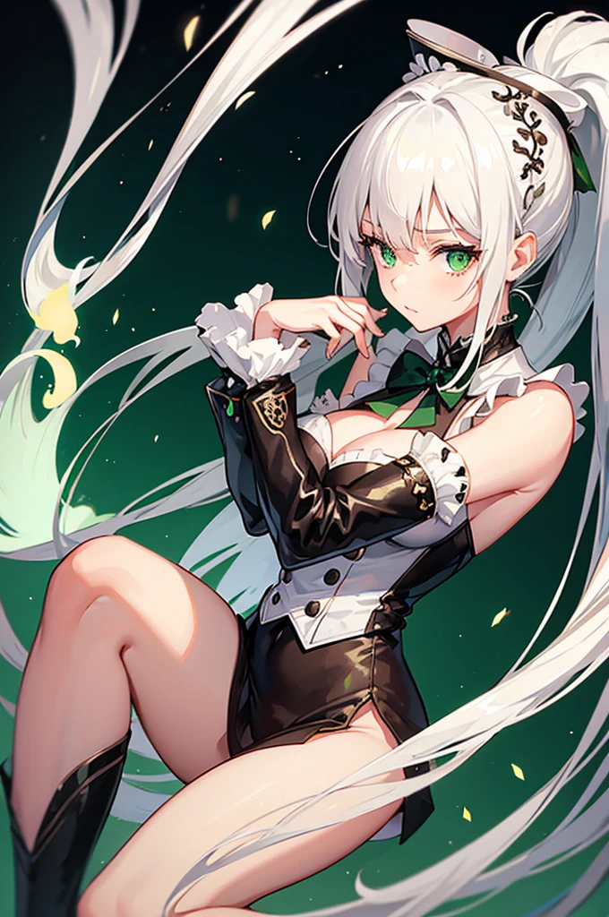 1 girl, long hair, with ponytail, white hair, green eyes, giant tits, giant ass, maid's outfit, with top hat