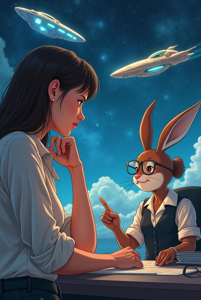 A harmonious collage of three parallel events: A frustrated young woman with her hand on her chin thinking about her future. A rabbit woman on the ground, with secretary clothes and glasses, being mocked by her coworkers who point fingers at her. And alien ships with stars and technology