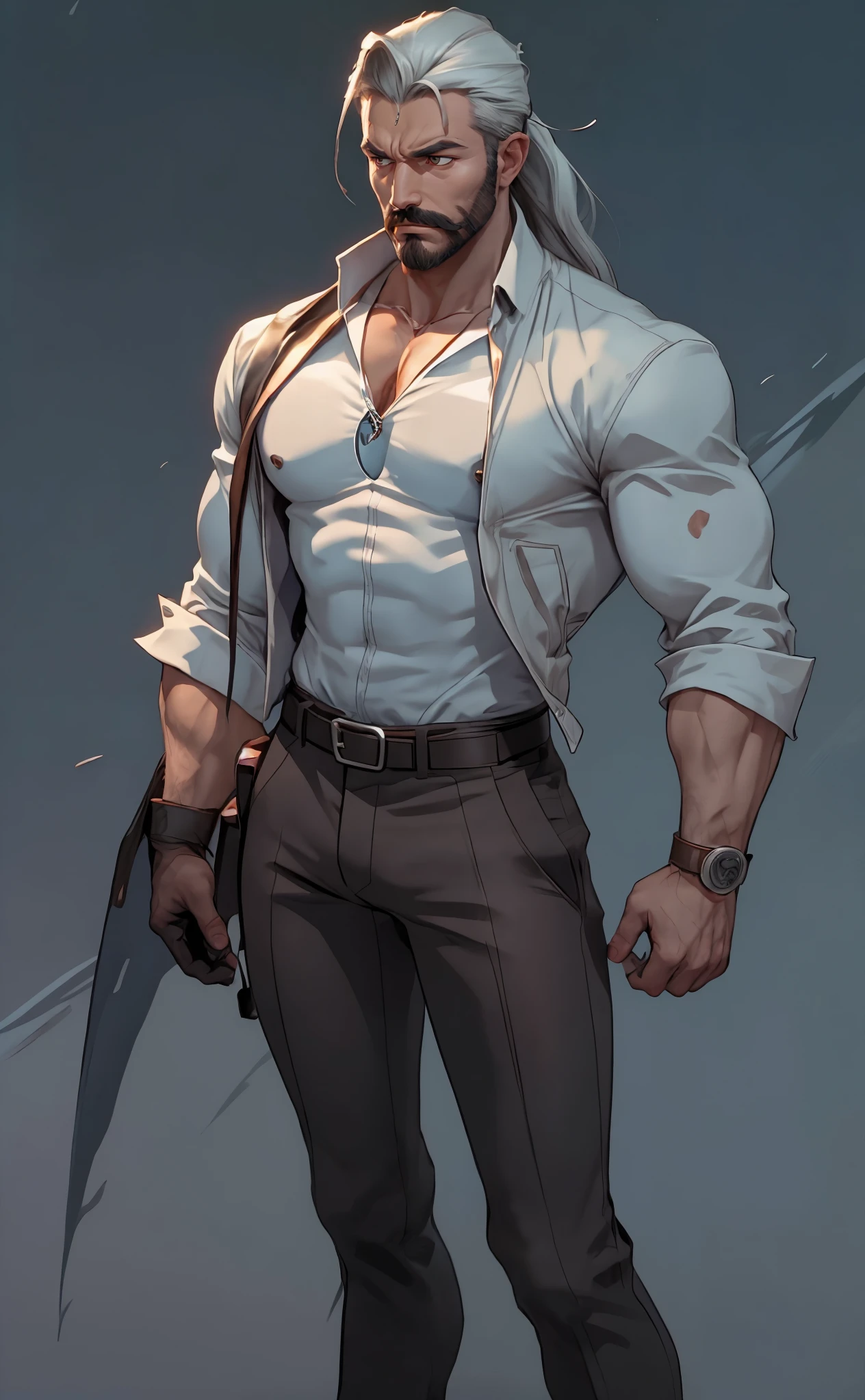 A sturdy man with his hands tied by a black rope