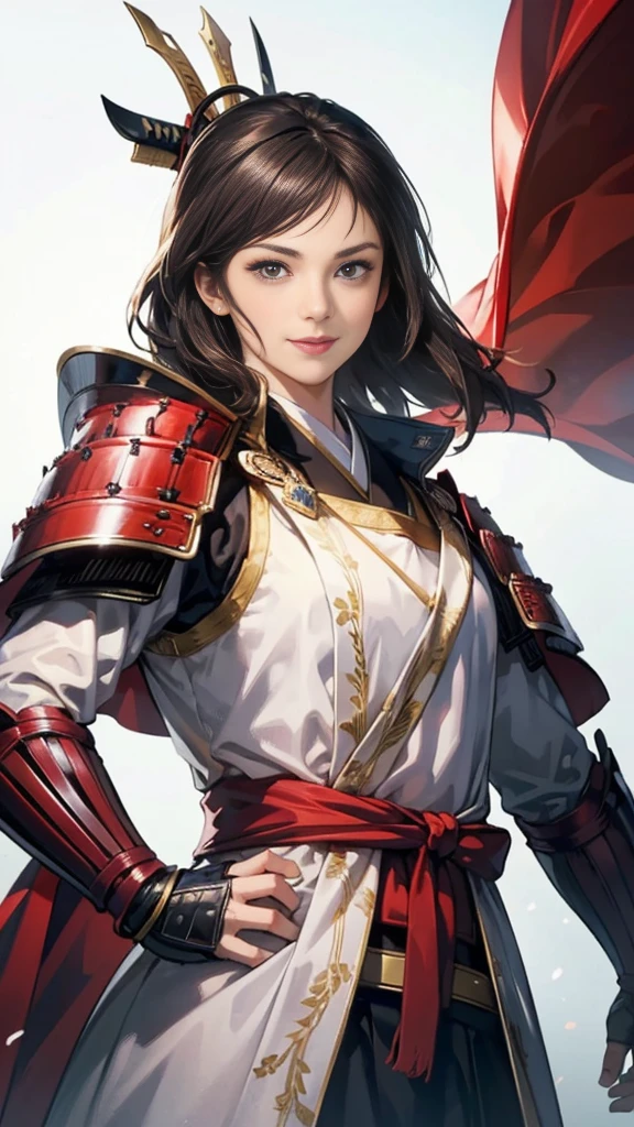 Beautiful woman with dark hair:1.3, Amazing character art, ((Knight Armor:1.3 )),((Pure white background)), (8k, RAW photo, best quality), Handsome,Beautiful female knight, 2. 5D CGI Anime Fantasy Artwork, Detailed digital art, Very nice work of art, Fan Art Best Art Station, (Red velvet long cape),(Stretch your open hand forward:1.3), (Hands on hips),(on stage:1.2),((From below)),Eyes looking into the distance,(A female general gives orders to her soldiers:1.3),Muscular,(samurai:1.2),dynamic,Confident,An inappropriate smile,Overbearing,samurai:1.2,Japan