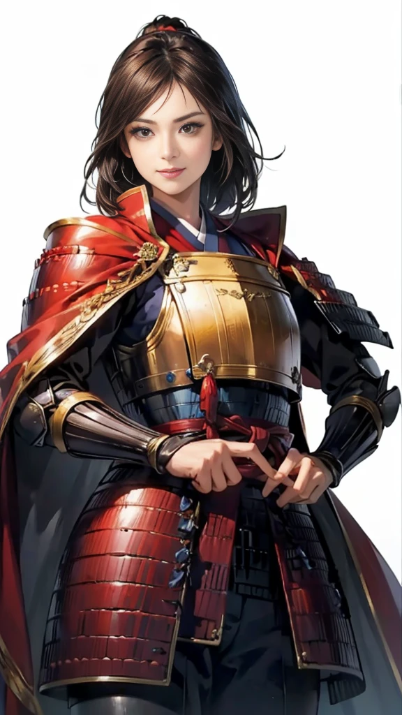 Beautiful woman with dark hair：1.3, Amazing character art, ((Knight Armor:1.3 )),((Pure white background)), (8k, RAW photo, best quality), Handsome，Beautiful female knight, 2. 5D CGI Anime Fantasy Artwork, Detailed digital art, Very nice work of art, Fan Art Best Art Station, (Red velvet long cape),(Stretch your open hand forward:1.3), (Hands on hips),(on stage:1.2),((From below)),Eyes looking into the distance,(A female general gives orders to her soldiers:1.3),Muscular,(samurai:1.2),dynamic,Confident,An inappropriate smile,Overbearing,samurai：1.2,Japan