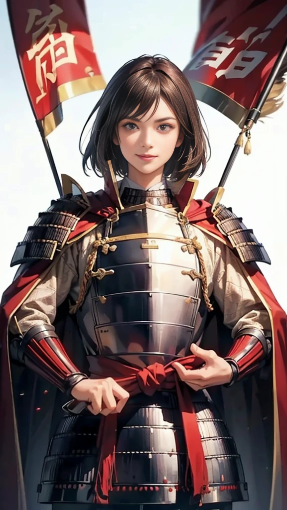 Beautiful woman with dark hair:1.3, Amazing character art, ((Knight Armor:1.3 )),((Pure white background)), (8k, RAW photo, best quality), Handsome,Beautiful female knight, 2. 5D CGI Anime Fantasy Artwork, Detailed digital art, Very nice work of art, Fan Art Best Art Station, (Red velvet long cape),(Stretch your open hand forward:1.3), (Hands on hips),(on stage:1.2),((From below)),Eyes looking into the distance,(A female general gives orders to her soldiers:1.3),Muscular,(samurai:1.2),dynamic,Confident,An inappropriate smile,Overbearing,samurai:1.2,Japan