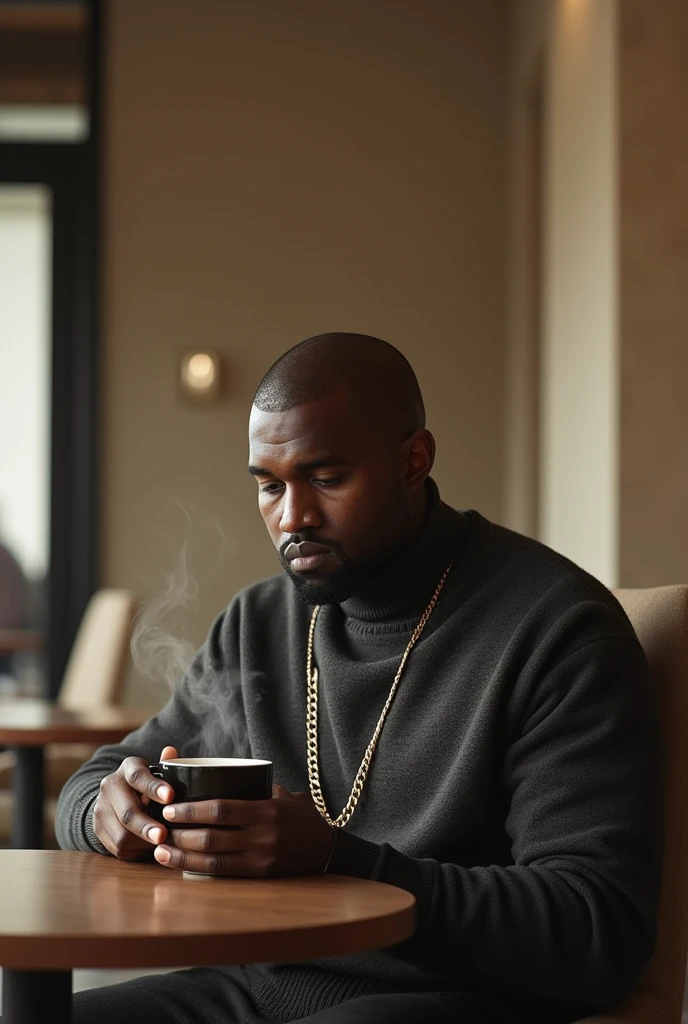 Make me an image of Kanye West drinking coffee
 