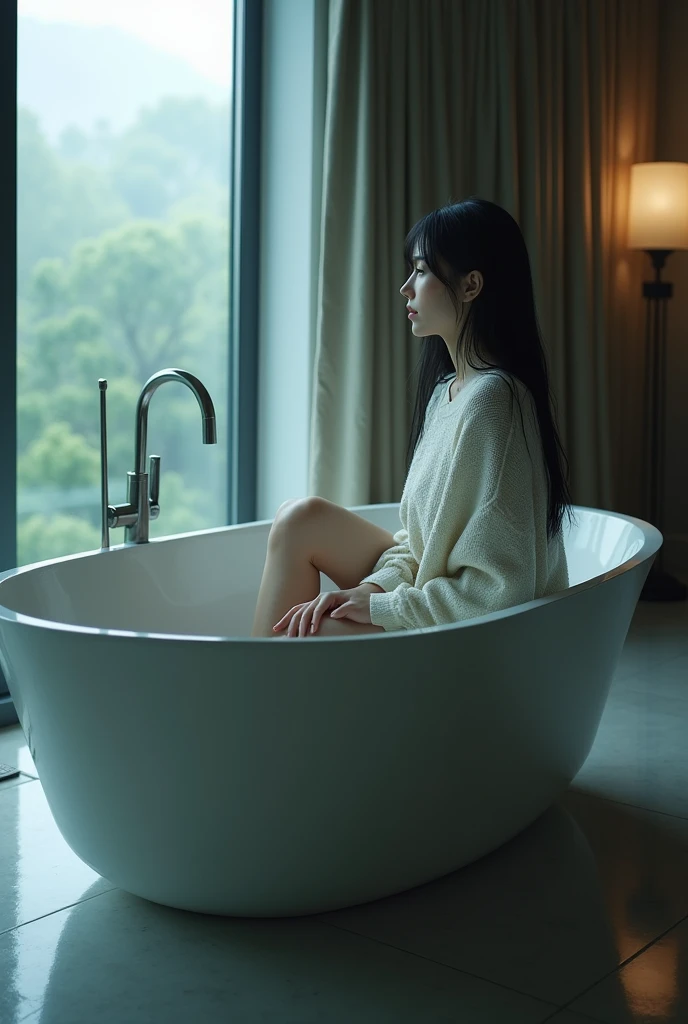 (photorealism:1.2), beautiful Japanese woman, slightly fat woman, 45 years old, looking at window, some spots on the face, sitting in the bath tab, wearing wet sweater and skirt and high heel shoes, black long straight, indoors, flash lighting from her behind, large room, relaxed pose, realistic, intricate details, cool colors