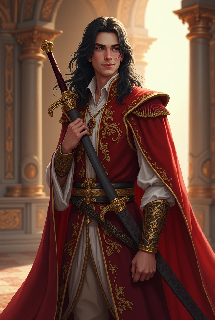 Boy about 20 years old with long black hair, Royal attire along with his sword with a golden hilt while maintaining a smile
