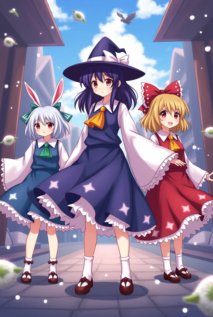 Create an image where patchouli knowledge is ,reisen udongei inaba and koakuma characters from the touhou project that are animated 