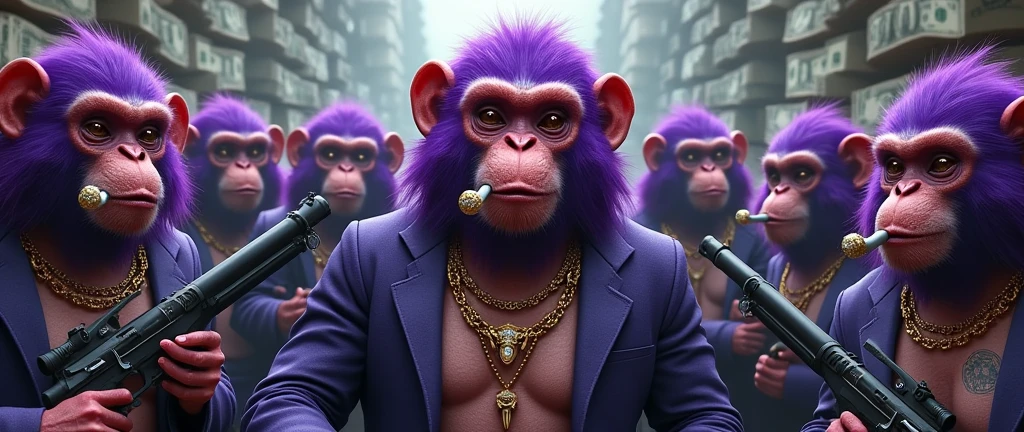 Gang of purple monkeys with a female monkey in the middle and a monkey in the middle, With giant and high-caliber weapons, with gangster SUIT with chains, tattooed, with huge diamond and gold rings, smoking with a pipe, the bottom full of dollars