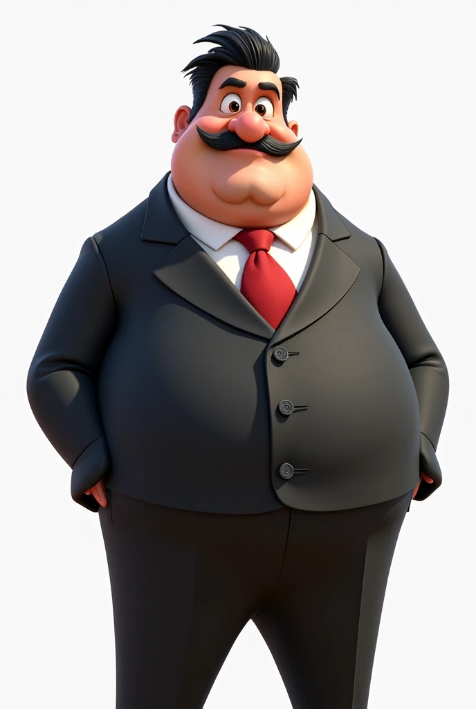 make a disney pixar style man with a gray mustache, blackquality hair, in a suit, The eyes,  with hands in pockets, Average height, 66 years, large chest and thin waist and legs
