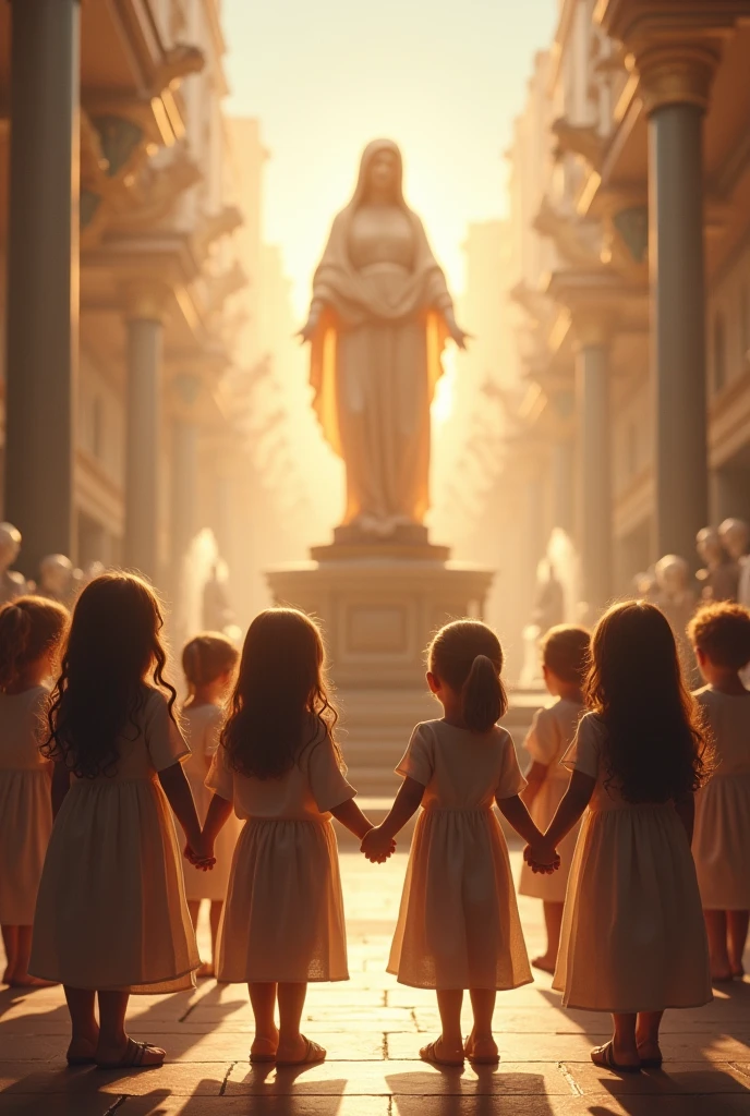 (The plaza is filled with a soft and comforting light, while the children hold hands in a gesture of unity and gratitude towards the Virgin of the Rosary.) all that in the central plaza