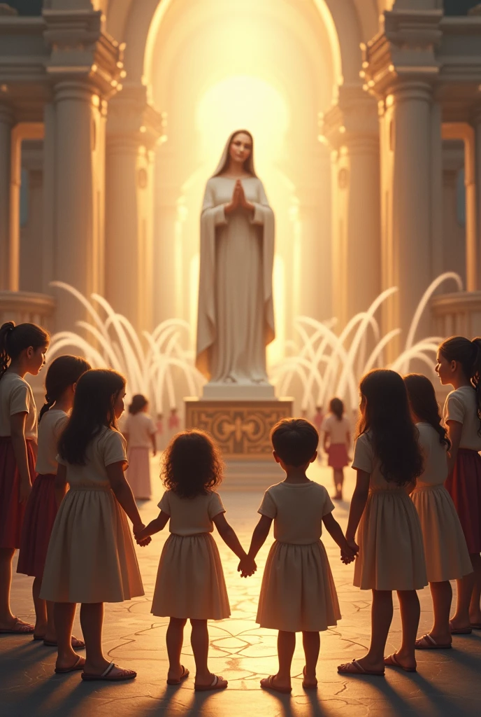 (The plaza is filled with a soft and comforting light, while the children hold hands in a gesture of unity and gratitude towards the Virgin of the Rosary.) all that in the central plaza
