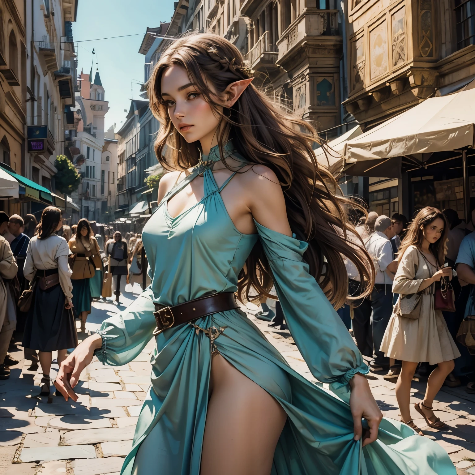 ((Medieval fantasy setting)). Tags: super detail, high details, high quality, best quality, highres, 4K, detailed face, face fix, detailed hands, detailed fingers, portret, 1girl "Echo is a 22-year-old half-elf. She has light brown skin. Thick light chestnut hair with caramel highlights and soft waves. Brown eyes with green hues. Her beautiful face is oval with soft features and pronounced cheekbones. She has full and attractive lips with a natural blush. A slight scar over her right eyebrow. Her ears are small like a human's but pointed like an elf's. Her physique is athletic and slim, she toned and flexible. She has a round and elastic body shapes."
Clothing. Style: A light sundress of medium length that fits the upper part of the body and falls freely to the middle of the thighs. V-neckline on the chest emphasizes the neck and cleavage. The straps are thin, cross on the back, revealing the shoulders.
Color: Light turquoise or light green.
Details: On the waist - a thin belt of the same material that emphasizes the figure. The dress has a small slit on the side, which allows you to move freely. The fabric is transparent in the light, which gives lightness and a feeling of weightlessness, ideal for summer walks.
Background: Sunny day market square of a small medieval province.
Tags: ((Cameltoe)), (Nipple Outline), (covered nipples), (covered pussy), ((Ass Outline)), (Butt Crack)