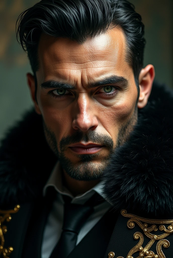 Book cover with the face of a man with green eyes ,black hair , A mafioso wearing a black fur scarf with gold decorations on the sides. 