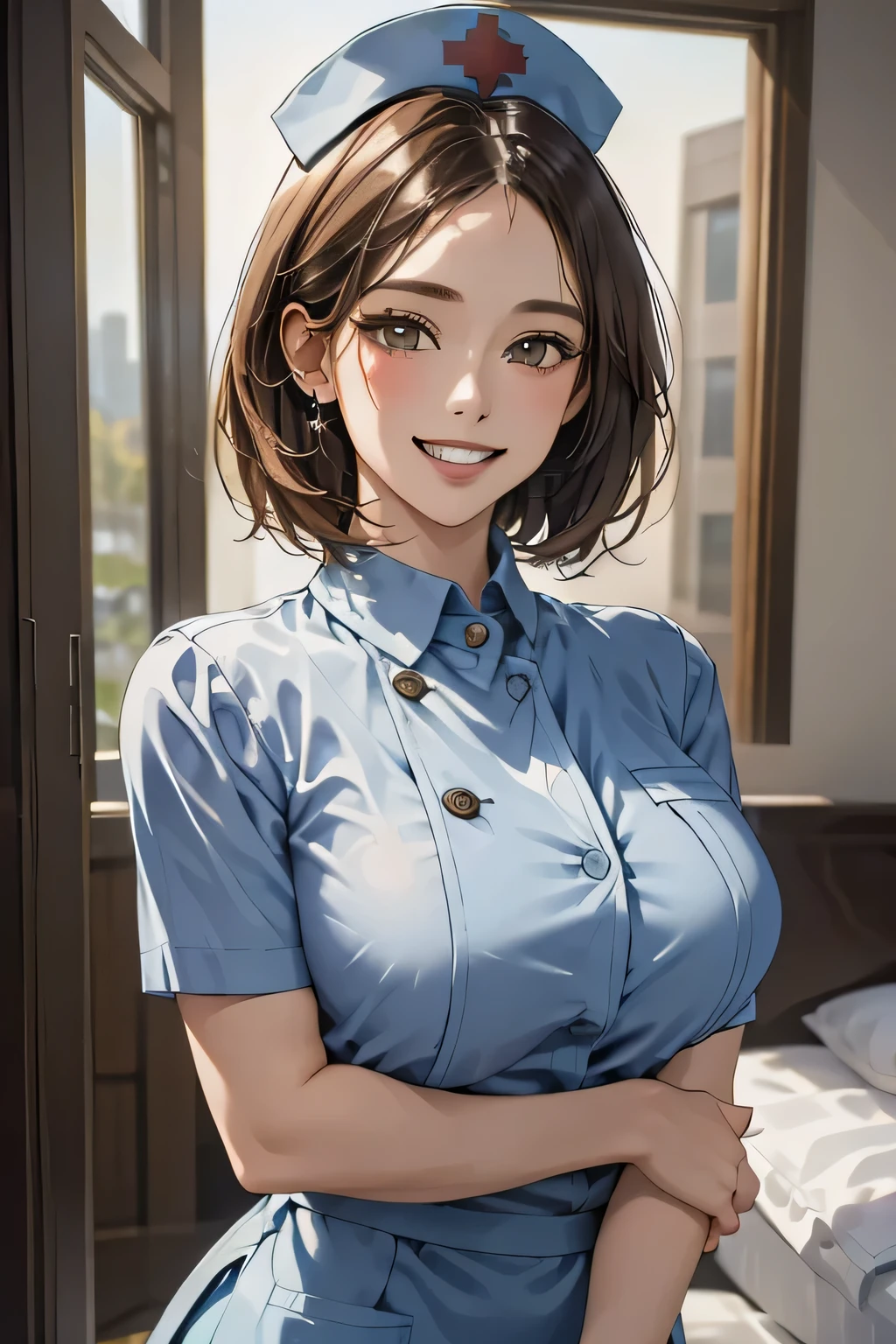 1 female, 40 years old, (Nurse cap, Nurse uniform and mini skirt), masterpiece, Grin, (very tanned and shiny skin), Big Breasts, photoRealistic, Realistic, alone, photoRealistic, Highest quality, Ultra-high resolution, Yura S, Outdoor, colorful,  Daytime setting, beautiful, masterpiece, Highest quality, Very detailedな顔, Perfect lighting, Ultra-high resolution, Very detailed, (background: Hospital room)