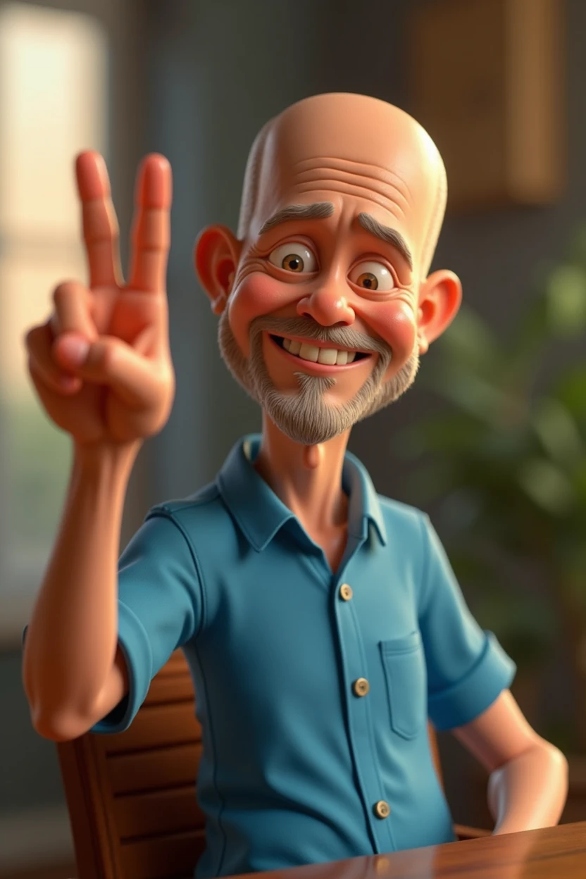 Cartoon character of a bald man in blue shirt, an animated character, stylized character, animation style rendering, 3D stylized, Arnold Maya rendering, stylized 3D rendering, toon render screenshot, 3D character, 3D character , Stylized 3D Rendering, 3D Character Rendering, Cartoon Character, Close-up Character, Character Pose, (Pixar Style) (Master Part: 1.2) (Bokeh) (Best Quality) (Detailed Skin) (Detailed Texture) (8K ) (clay) (cinematic lighting) (sharp focus, sits and throws the upper part of the body, he is raising the fingers and ring finger indicated the sign of "peace and love" where the hand are with the fingers pointed upwards