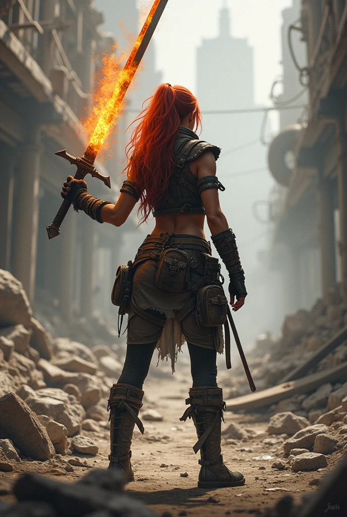 a one woman, black skin color,Brunetette, Sarada, russet hair, adventurer clothes, burning sword, debris, She has her back, post apocalyptic