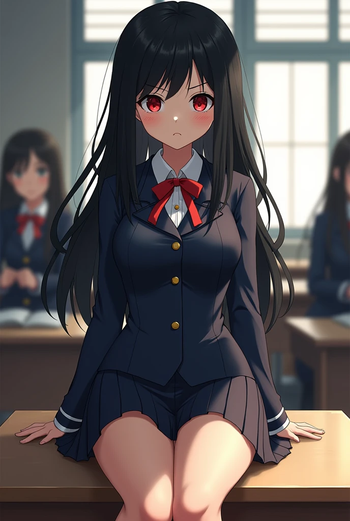 Boku No Hero Academia Template
A girl with long black hair, her eyes are completely black but her pupil is red, her skin is fair but slightly tanned, Her breasts are big, not too much, but they are big, She is sitting on top of a table, The background is a classroom with students, She is wearing her uniform and her expression is serious 