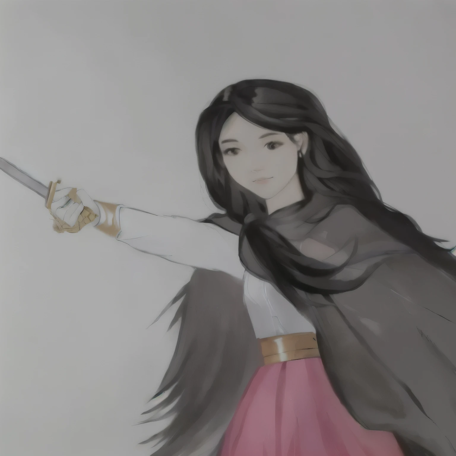 arafed drawing of a woman holding an epée in her hand, she is holding an epée, holding an epée on her shoulder, long sword in hand, while holding an epée, holding an epée, ela está holding an epée katana, practicing your sword staces, wielding a sword, holding a longsword, holds a sword, art admirer