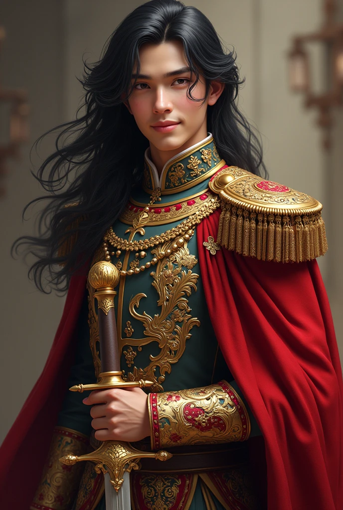 A guy in his early 20s with long black hair down to his waist, wearing Royal soldier attire alongside his sword with a golden hilt, maintaining a smile