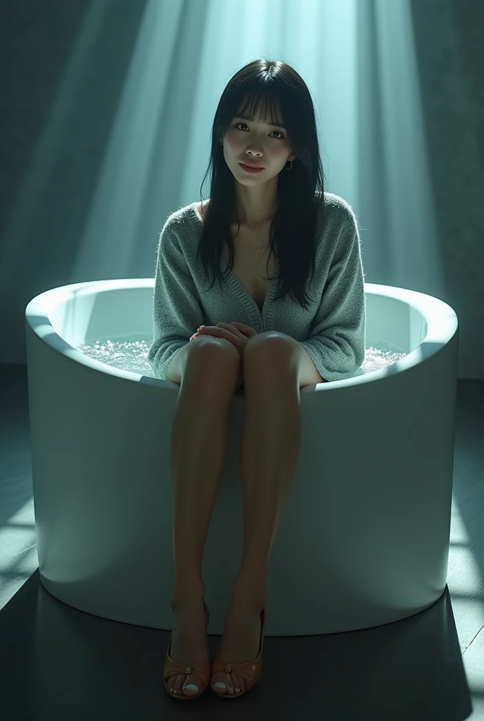 (photorealism:1.2), beautiful Japanese woman, slightly fat woman, 45 years old, not looking at camera, some spots on the face, sitting in the bath tab, wearing wet sweater and skirt and high heel shoes, black long straight, indoors, flash lighting from her behind, large room, relaxed pose, realistic, intricate details, cool colors